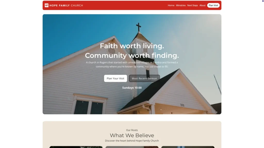 hope family church homepage hero section